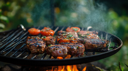 Grilling succulent steaks and tomatoes in a lush backyard during a summer afternoon