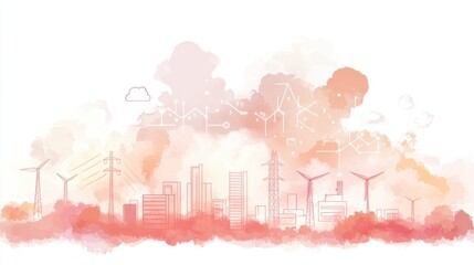 Obraz premium A watercolor illustration of a modern city skyline with wind turbines and clouds.