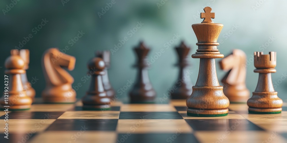 Poster performance efficiency effort concept. chess pieces on a board with a focus on the king.