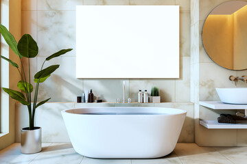 Fototapeta premium Modern luxury bathroom interior with freestanding bathtub, blank canvas on marble wall, and elegant decor elements. 3D Rendering