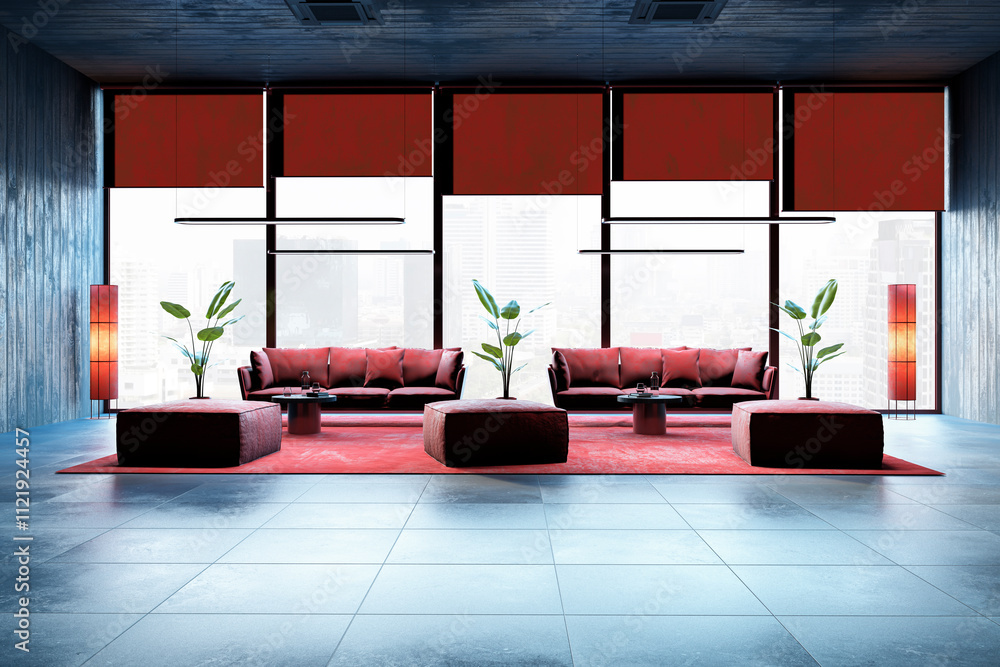 Poster modern waiting area with red sofas, large windows, and minimal decor in a contemporary office interi