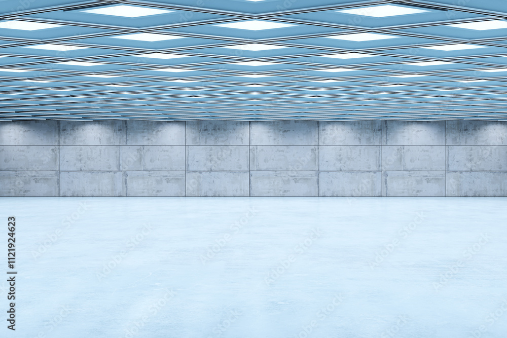 Poster modern spacious empty interior with concrete walls, reflective floor, and geometric ceiling lights i