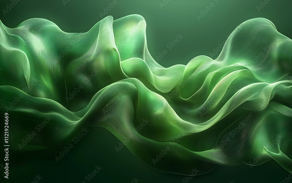 Poster abstract flowing waves in vibrant green tones create a mesmerizing visual effect, resembling soft fa
