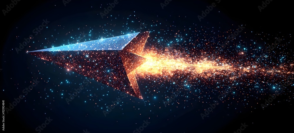 Poster a vibrant and dynamic paper airplane composed of glowing particles, soaring through a starry cosmos 