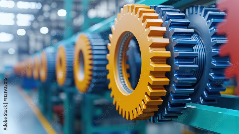Aufkleber performance efficiency effort concept. industrial gears in a factory setting with vibrant colors and
