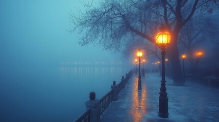 Misty Night Walk Along a Frozen River Embankment with Glowing Streetlights