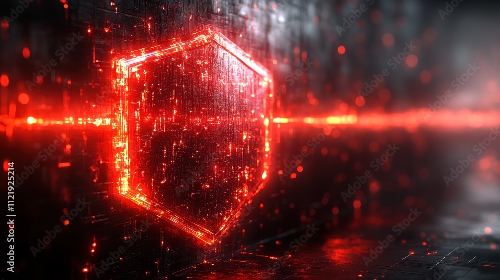 Poster abstract shield symbol glowing with digital particles