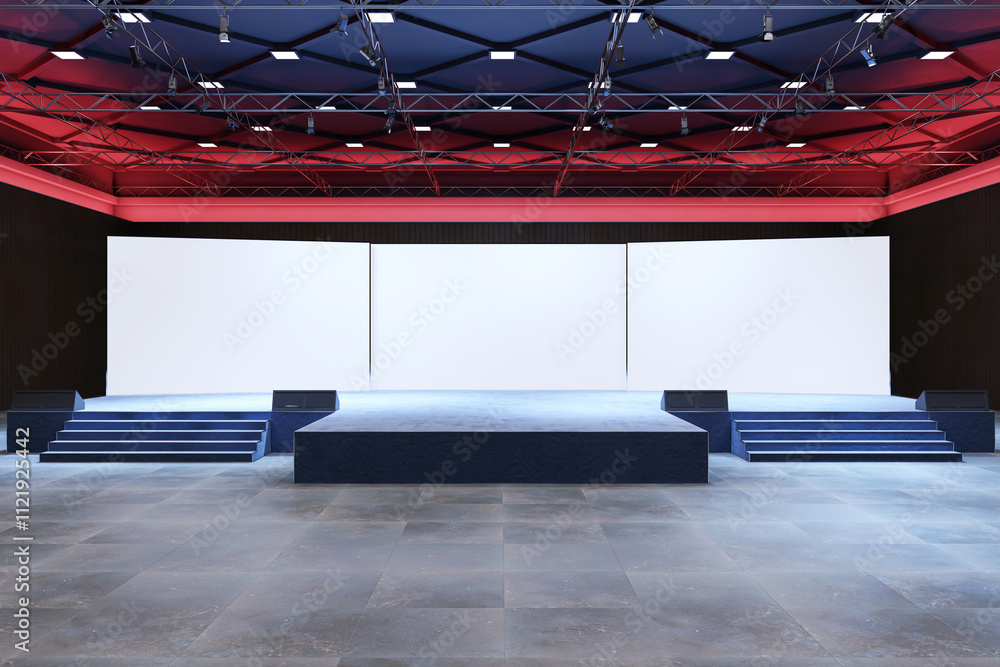 Poster modern stage interior with blank screens, steps, and spotlighting in a dark event hall. 3d rendering