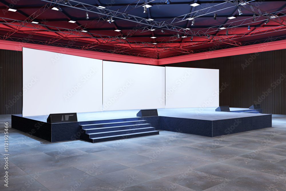 Poster Empty modern exhibition stage with blank white screens and spotlights in large dark auditorium. 3D Rendering