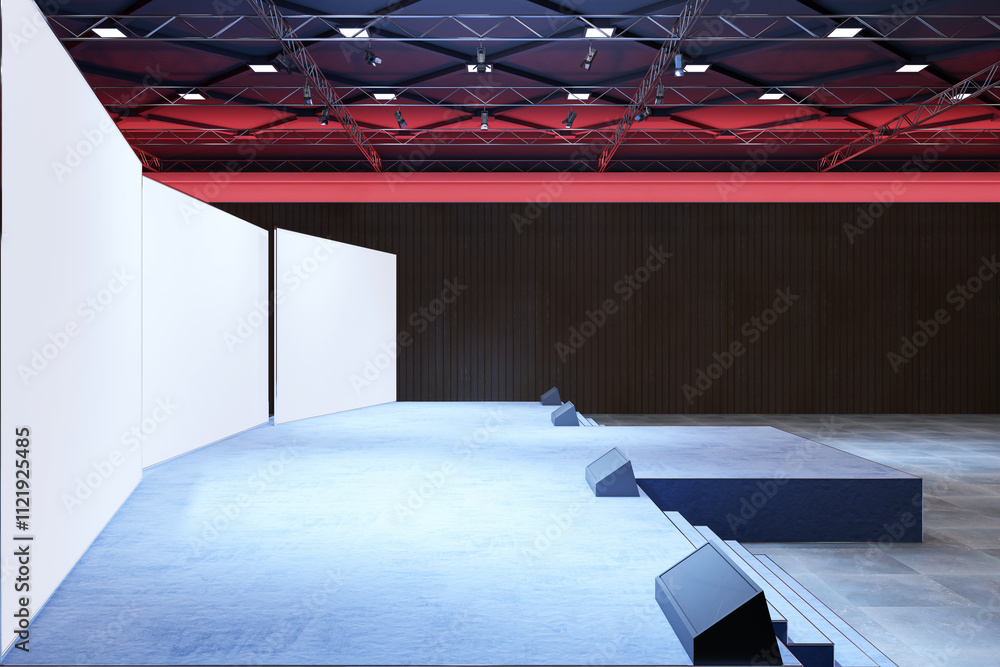 Poster modern stage with blank white walls in an exhibition space with dark wood panels and a red-lit ceili