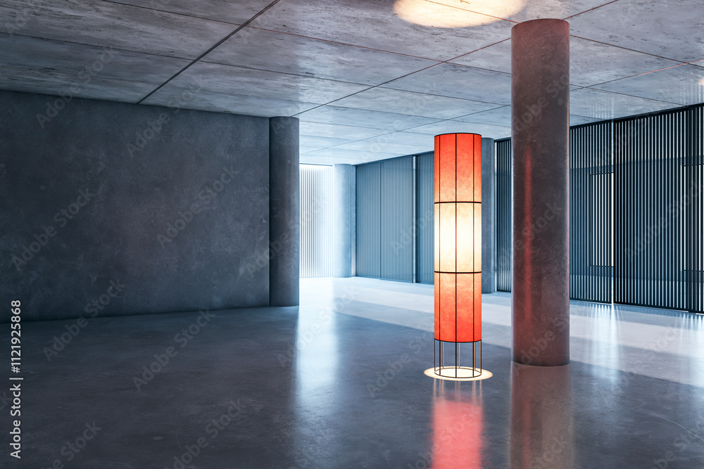 Poster modern interior with concrete walls and floor, illuminated by a red decorative lamp, featuring verti