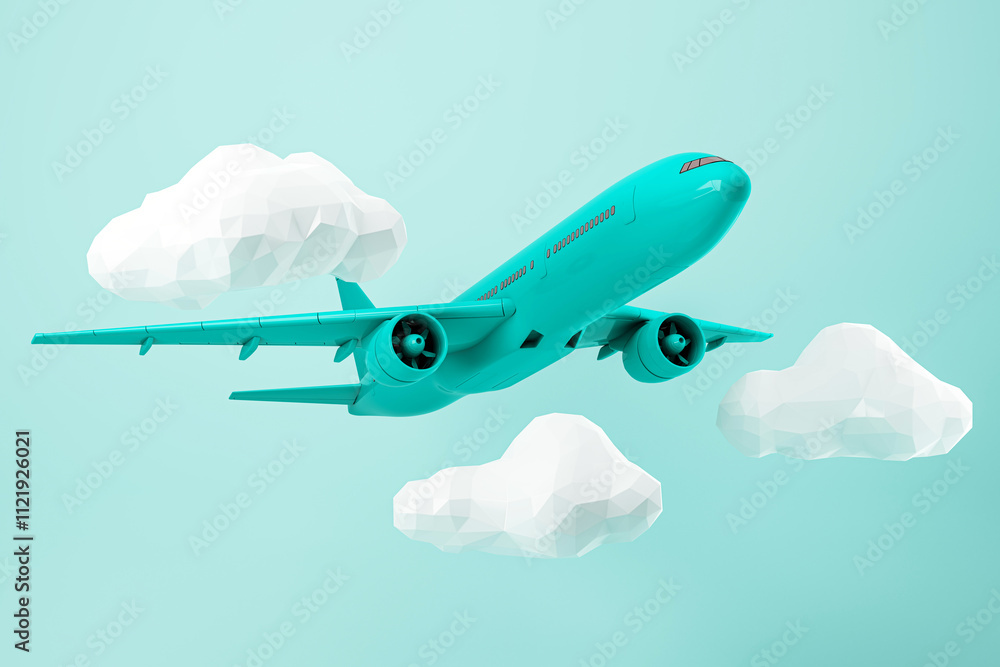 Poster abstract airplane flying among polygonal clouds on a turquoise background. 3d rendering