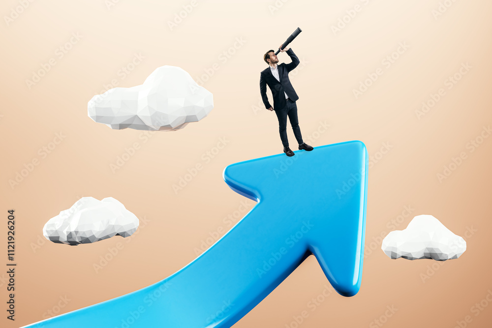 Poster Man with a telescope standing on a large blue upward arrow surrounded by clouds.