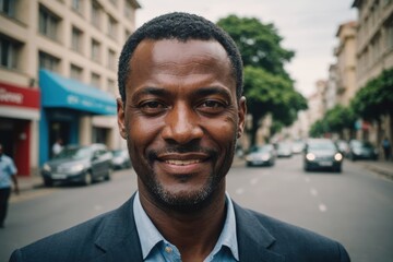 Obraz premium Close portrait of a smiling 40s Sao Tomean businessman looking at the camera, Sao Tomean big city outdoors blurred background