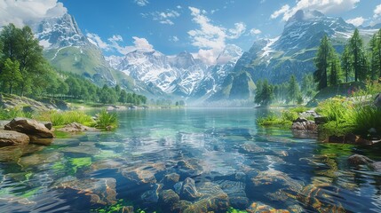 A stunning natural landscape unfolds, with a river meandering through lush greenery beneath the summer sky, amidst towering mountains.