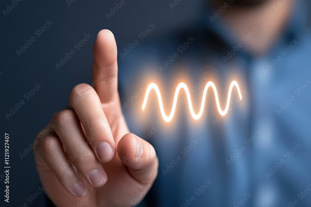 Poster physicist analyzes radiant wave frequency with focused expression, showcasing interaction between hu