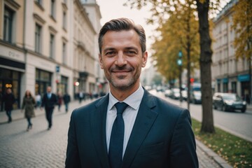 Close portrait of a smiling 40s Serbian businessman looking at the camera, Serbian big city outdoors blurred background