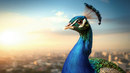 vibrant peacock displaying its stunning blue feathers against sunset backdrop, showcasing its majestic beauty and elegance in cityscape
