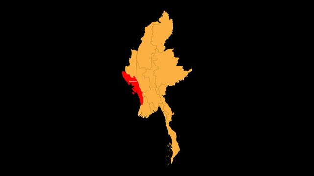 Rakhine map animated video. The location is highlighted on the myanmar map. Colour map with transparent background in video format.