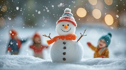 Fototapeta premium Festive Family Fun - Joyful Snowman Building with Carrot Nose, Kids Laughing in Snowy Background