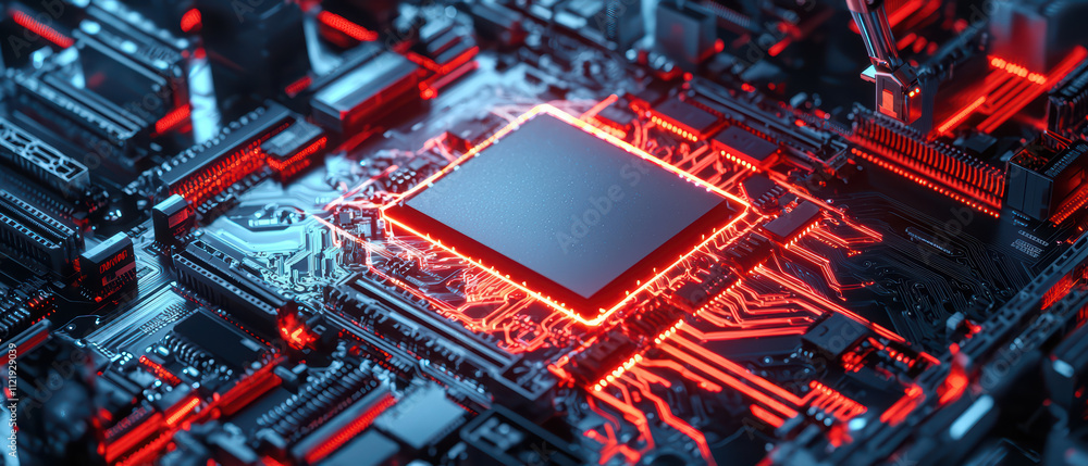Poster glowing microchip on circuit board with intricate details and red highlights, showcasing advanced te