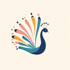 Stylized peacock illustration with vibrant tail feathers.