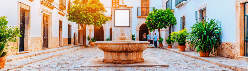 charming courtyard features central fountain surrounded by lush greenery and potted plants, with warm sunlight illuminating scene. Visitors stroll leisurely, enjoying serene atmosphere