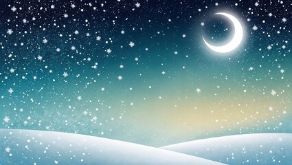 Fototapeta premium Serene winter night with a crescent moon and falling snowflakes over snowy hills