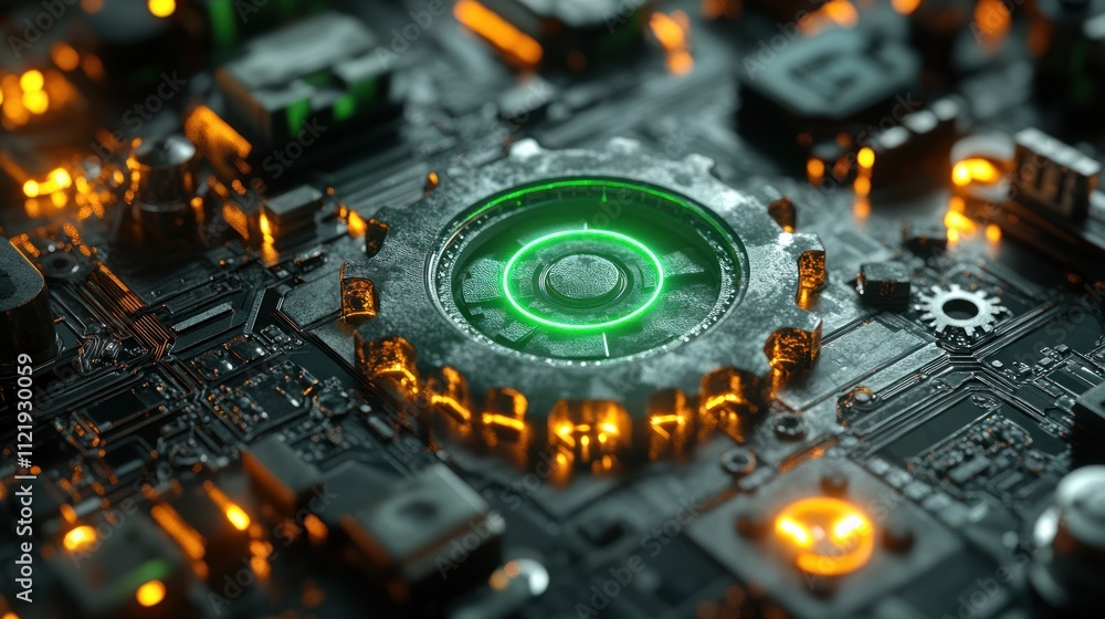 Poster close-up of a futuristic circuit board with glowing elements