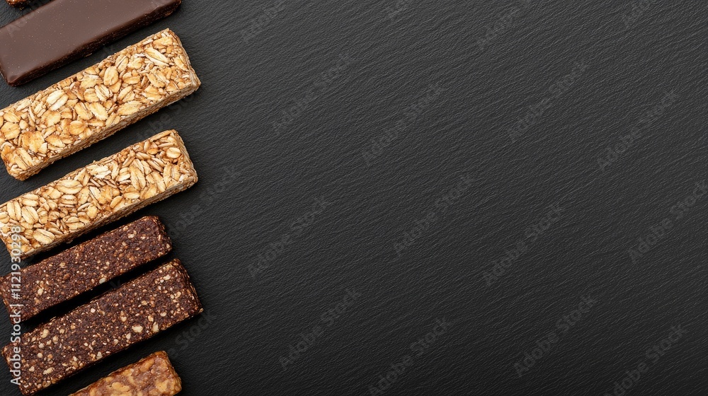 Poster a colorful collection of different granola bars is neatly arranged in lines on a slate background