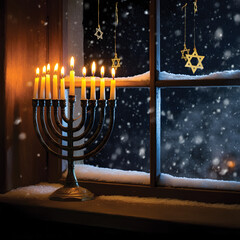 Hanukkah Candles in a Snowy Scene.