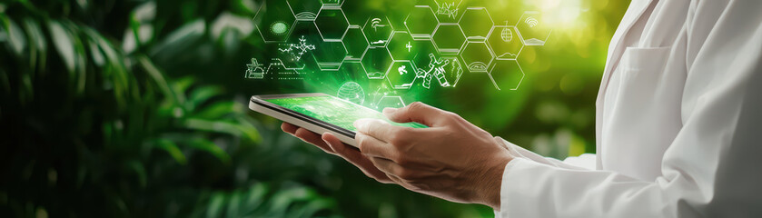 Innovative technology in sustainability, person holds tablet displaying eco friendly icons amidst lush greenery. This represents intersection of nature and technology
