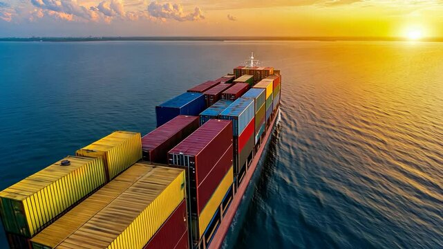 Cargo ship carrying colorful containers sailing at sunset over calm waters, discussing trade war policy, job stability, economic recovery path