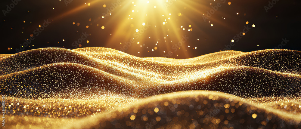 Poster golden waves shimmer under bright light, creating mesmerizing effect with sparkling particles. scene