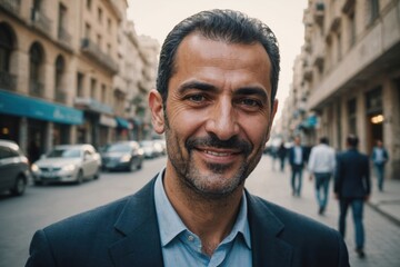 Obraz premium Close portrait of a smiling 40s Syrian businessman looking at the camera, Syrian big city outdoors blurred background