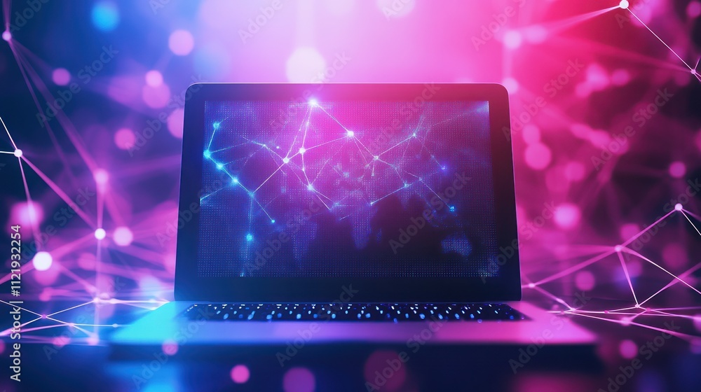 Poster laptop displaying a digital network visualization
