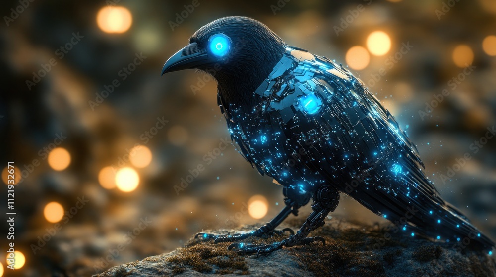 Poster futuristic crow with glowing features in a mystical setting