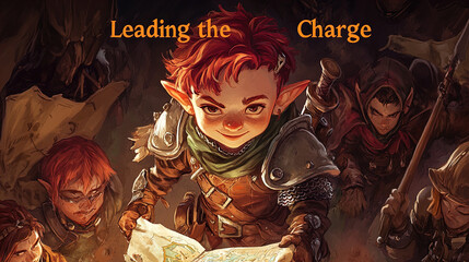 Obraz premium A young, charismatic elf with bright red hair leads a group of determined adventurers in a fantasy setting. The elf, wearing gleaming armor and a green scarf, holds a map in one hand, exuding confiden