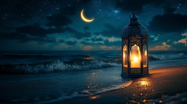 Ramadan greeting poster image, Beautiful lantern lamp on the beach with crescent moon on the night sky, Ramadan Kareem and Eid Mubarak photography. with copy space.