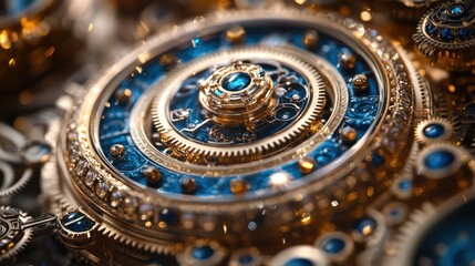 Fototapeta premium Intricate golden gears with blue accents and jewels 