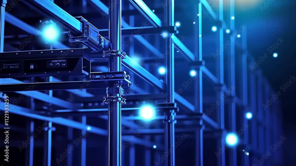 Poster close-up of a modern data center structure with blue lighting, showcasing advanced technology in a d