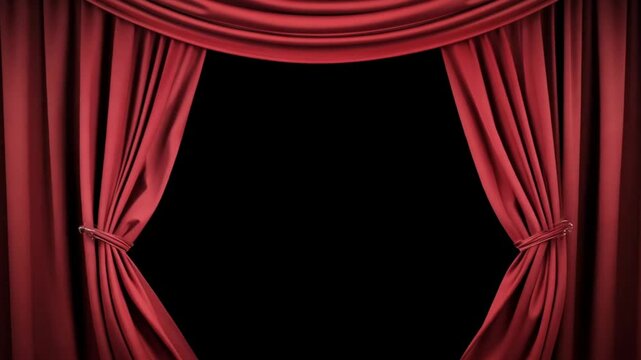 Dramatic stage with open red velvet curtains, symbolizing theatrical performances, storytelling, and the art of drama in an elegant setting.