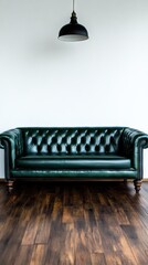 This chic living room showcases a vintage green leather sofa, a nearby guitar, and a coffee table against a clean white wall, creating an inviting space for diverse design ideas