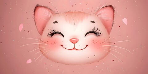 A cute cartoon illustration of a smiling cat with fluffy ears and rosy cheeks, set against a soft pink background adorned with tiny hearts, radiating a cheerful and friendly vibe.
