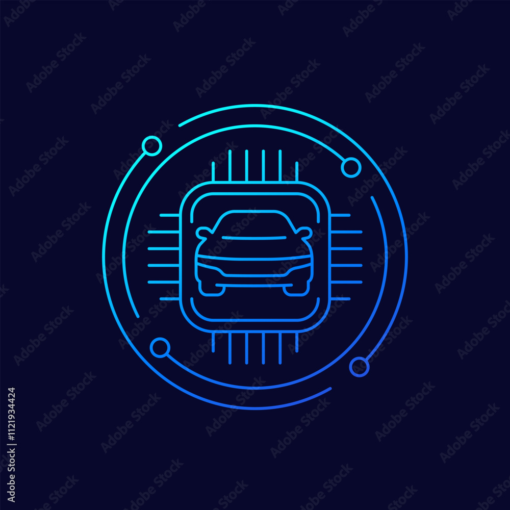 Poster microchip with a car icon, linear design