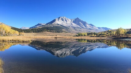 A reflective lake mirroring the mountains and the clear blue sky.