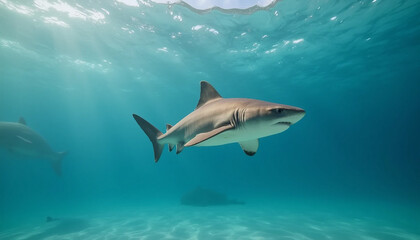 Fototapeta premium Photorealistic baby shark close-up swimming near the water's surface