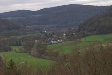 Landscape view to hohenstadt hersbrucker alb with mountains and railway station rural countryside nuremberg land