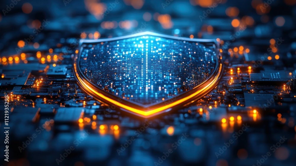 Poster digital shield symbolizing cybersecurity and technology
