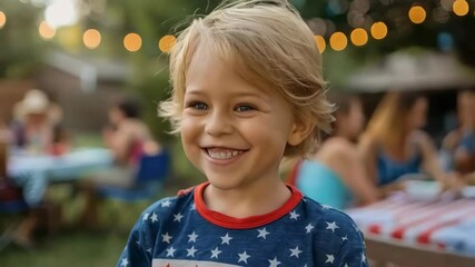 Adorable Caucasian little boy portrait wearing American t-shirt for 4th of July celebrating in outdoors